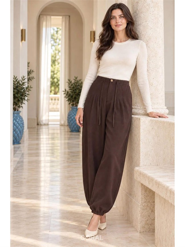 Dikişli Şalvar Pantolon 7241 Beli Kahve