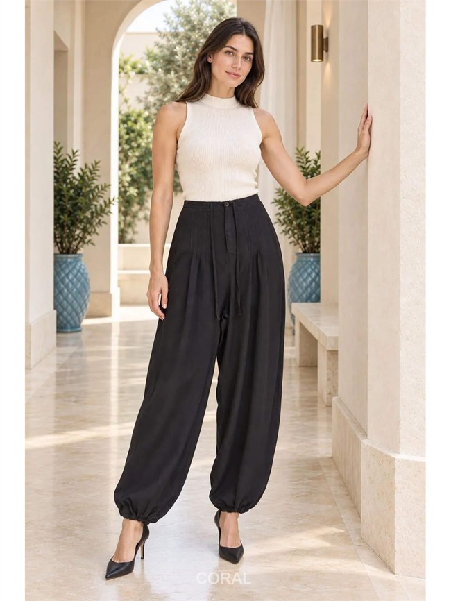 Dikişli Şalvar Pantolon 7241 Beli Siyah