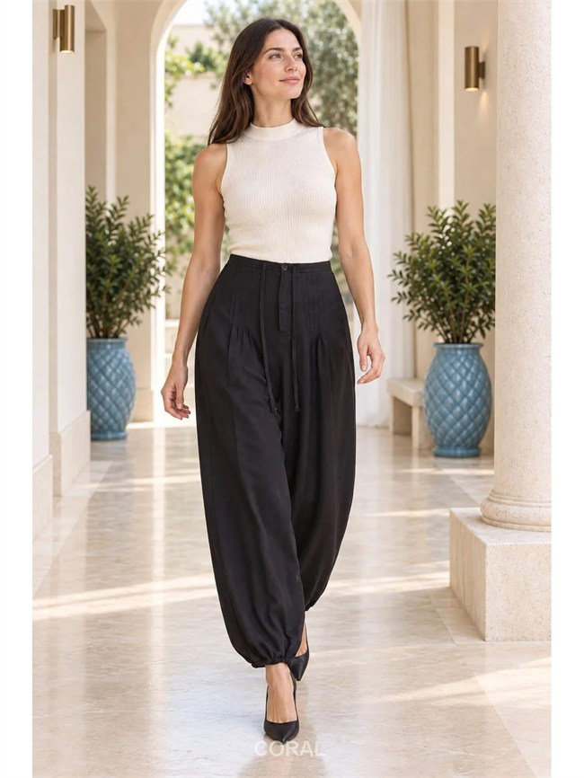 Dikişli Şalvar Pantolon 7241 Beli Siyah