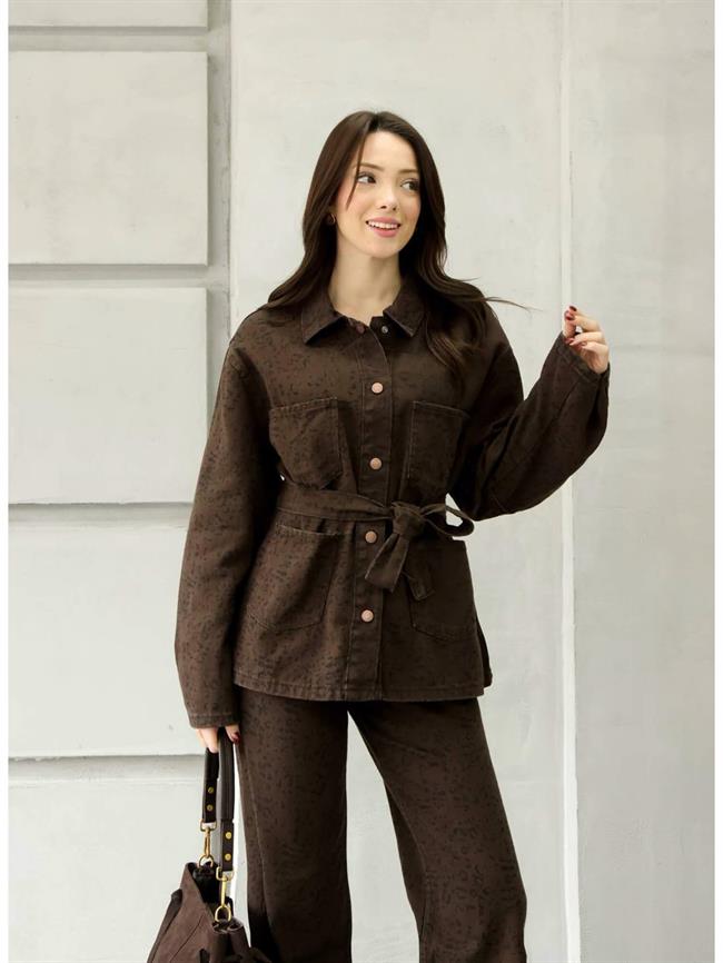 Dört Cepli Leopar Desenli Ceket 0276-3 Kahve
