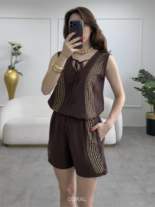Droplu Bluz Şort Takım 5636 Kahve
