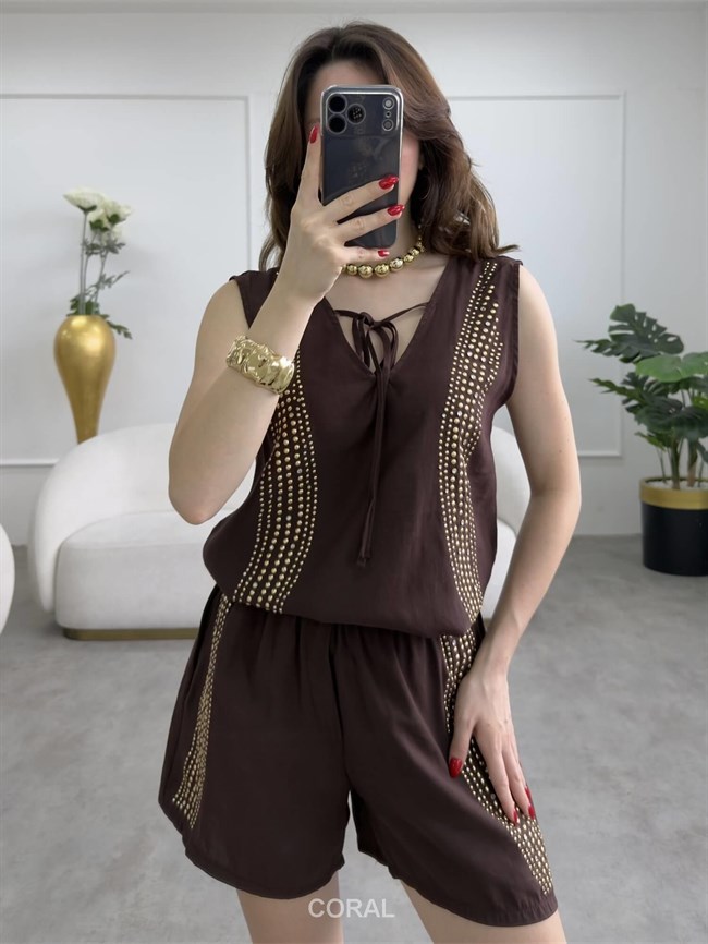 Droplu Bluz Şort Takım 5636 Kahve