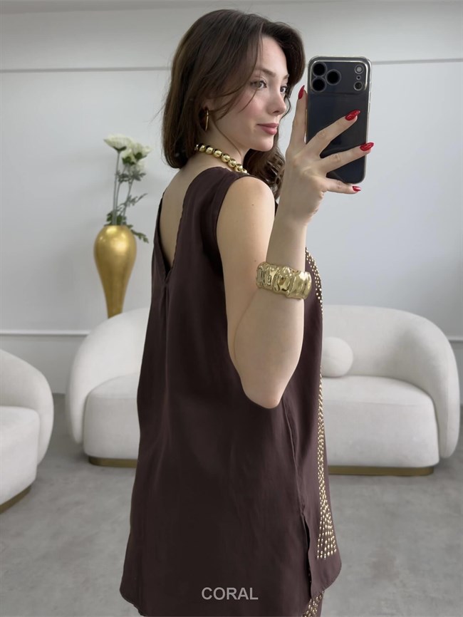 Droplu Bluz Şort Takım 5636 Kahve