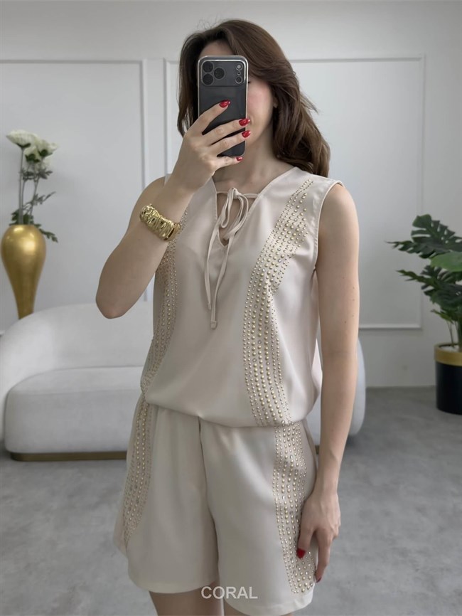 Droplu Bluz Şort Takım 5636 Taş