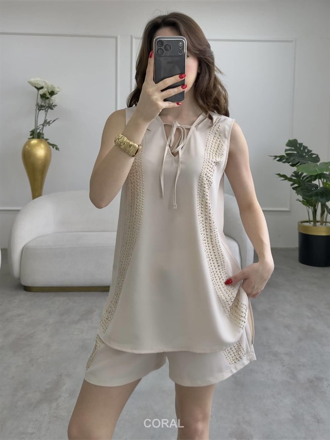 Droplu Bluz Şort Takım 5636 Taş