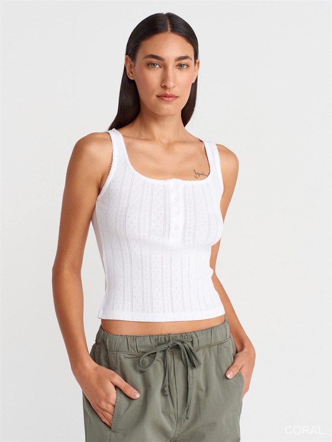 Düğmeli Kare Yaka Badi 21069 Beyaz