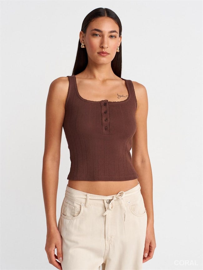 Düğmeli Kare Yaka Badi 21069 Kahve