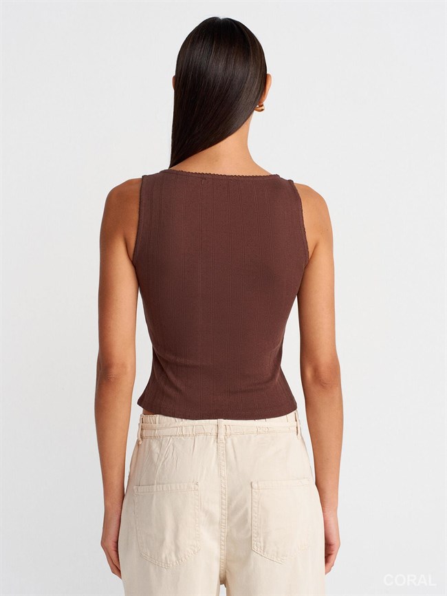 Düğmeli Kare Yaka Badi 21069 Kahve