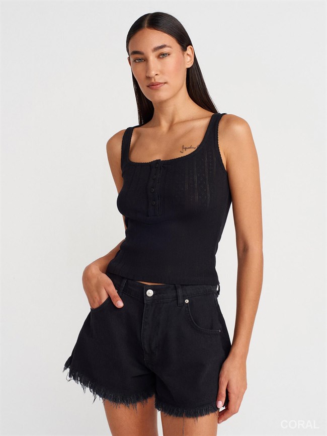 Düğmeli Kare Yaka Badi 21069 Siyah