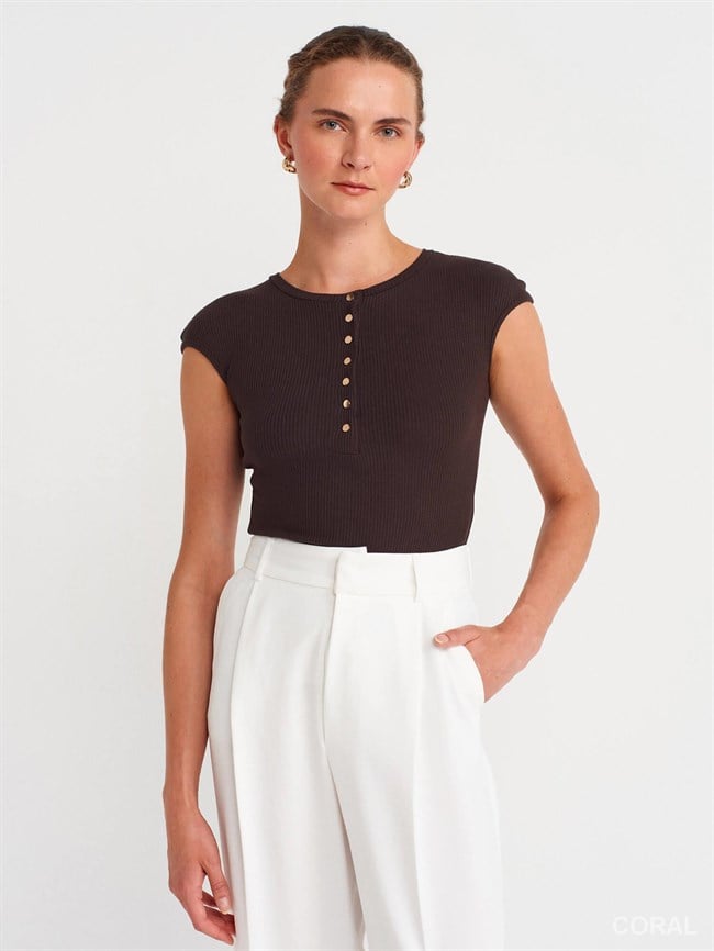 Düğmeli Kısa Kol Badi 31887 Kahve