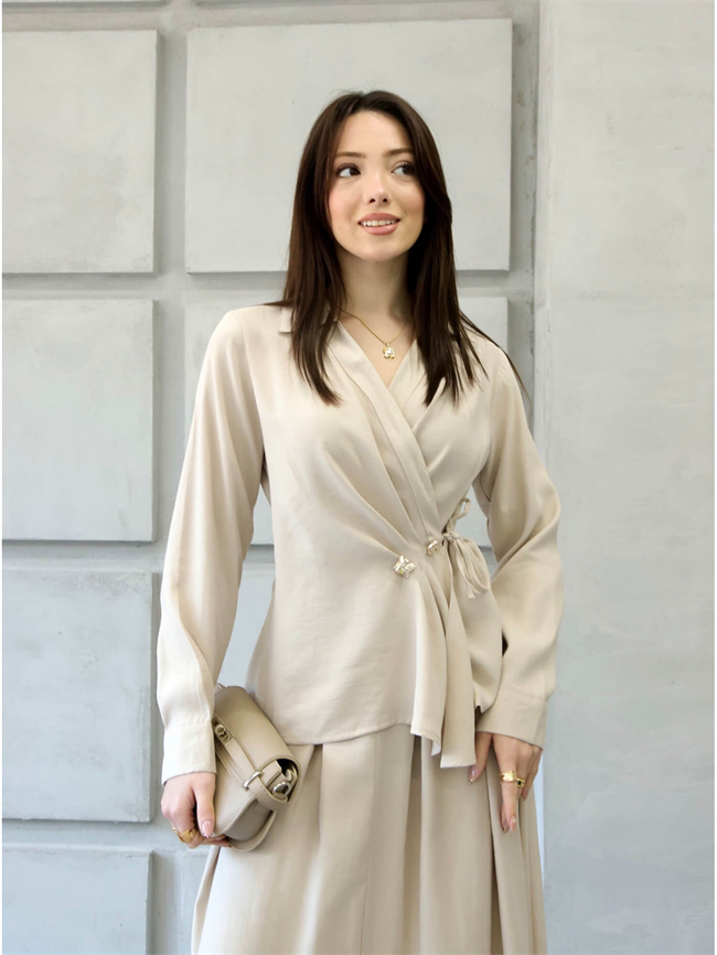 Düğmeli Kruvaze Bluz 2243 Taş