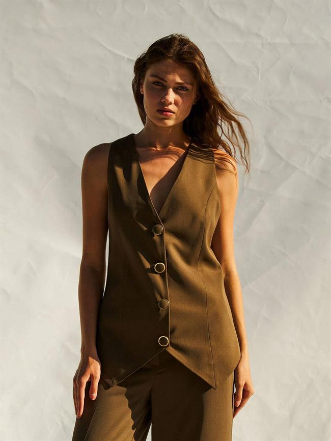 Düğmeli V Yaka Yelek 120689 Kahve