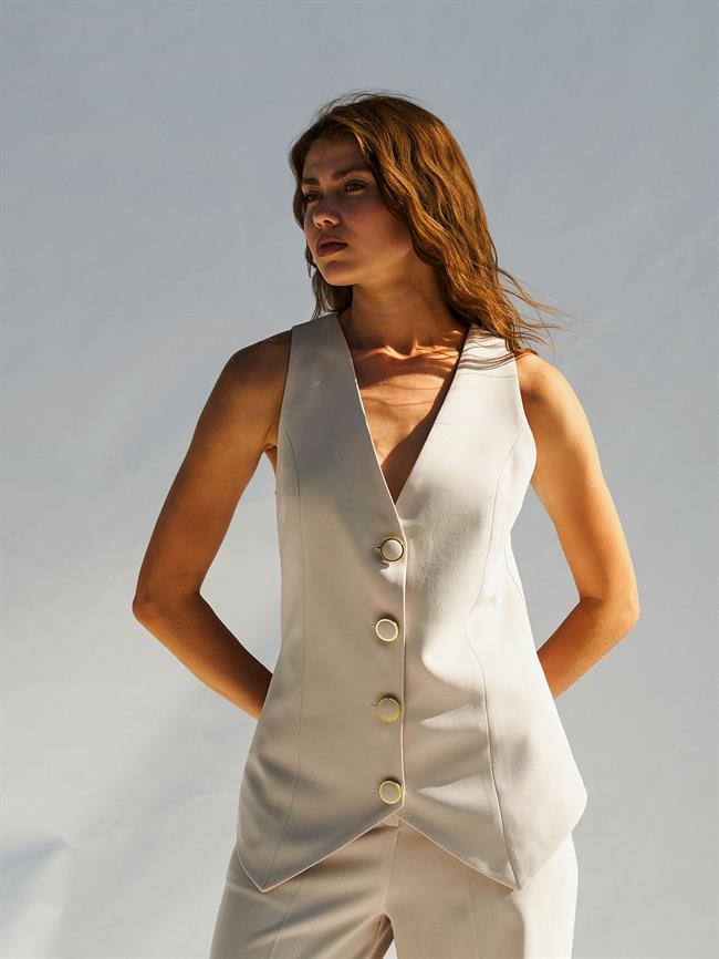 Düğmeli V Yaka Yelek 120689 Taş