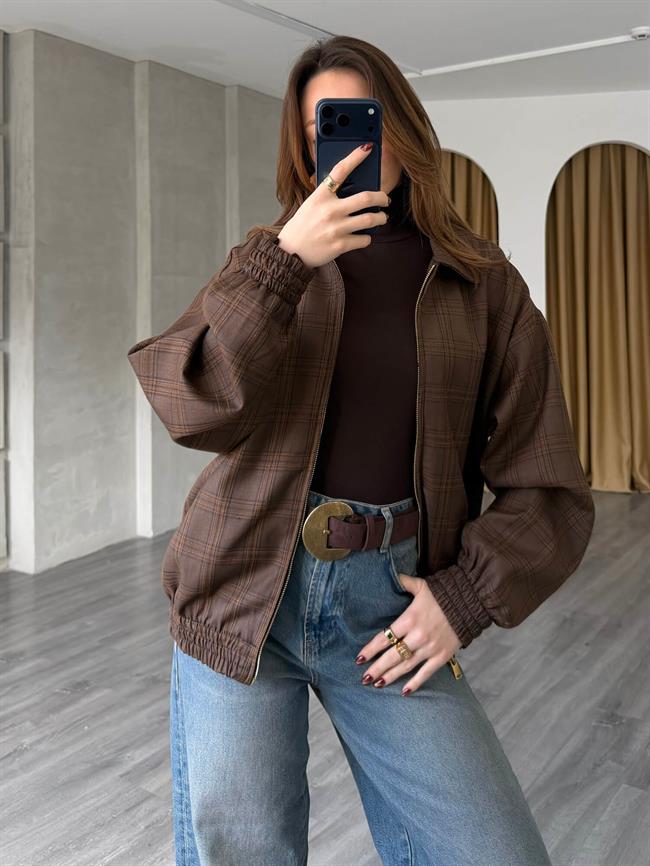 Ekoseli Bomber Ceket 36969 Kahve