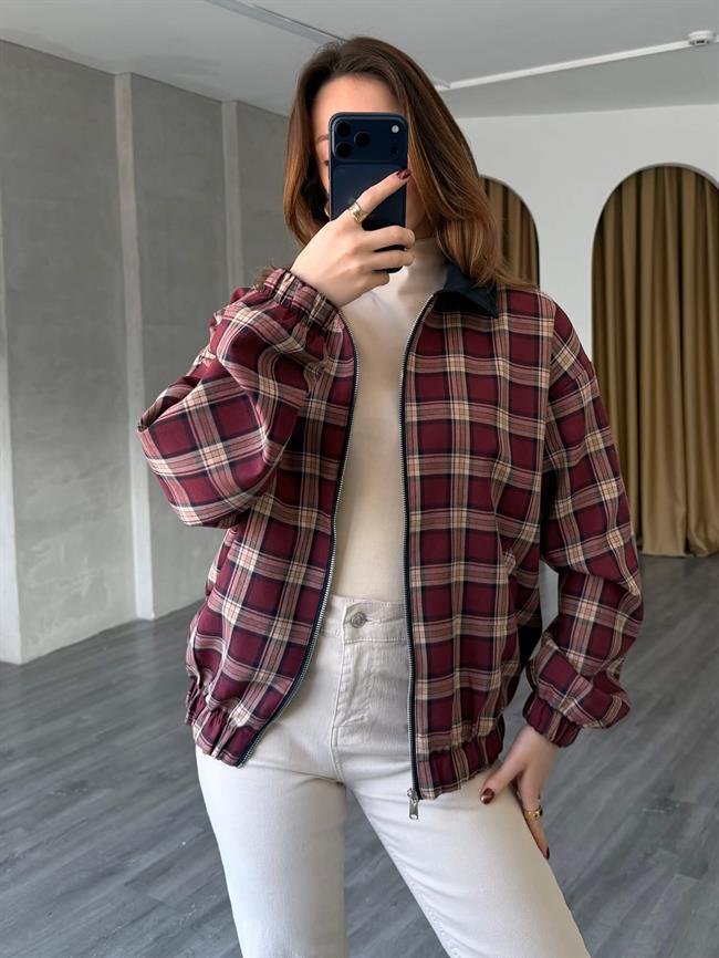 Ekoseli Bomber Ceket 37096 Bordo