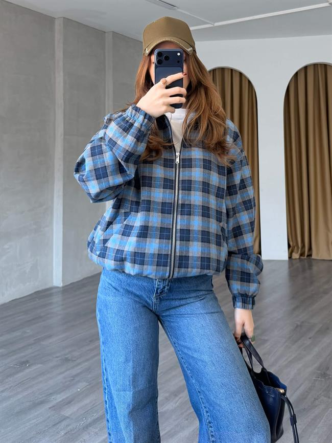 Ekoseli Bomber Ceket 37096 Mavi