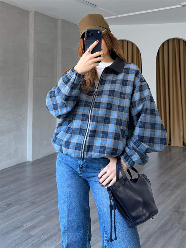 Ekoseli Bomber Ceket 37096 Mavi