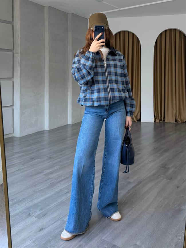 Ekoseli Bomber Ceket 37096 Mavi