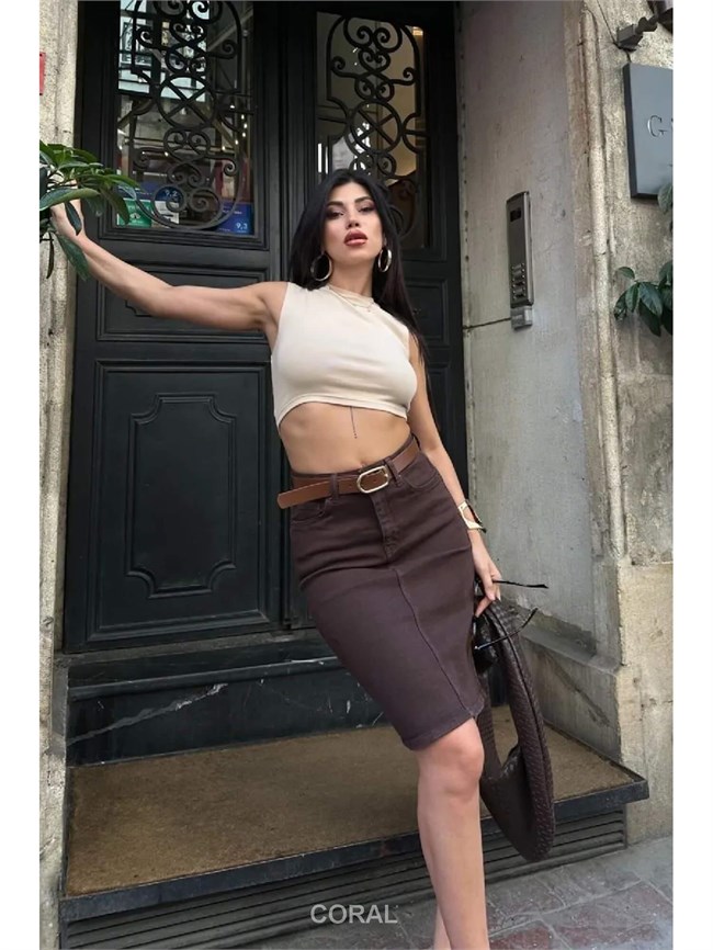 Elips Tokalı Kemerli Etek 1039 Toprak