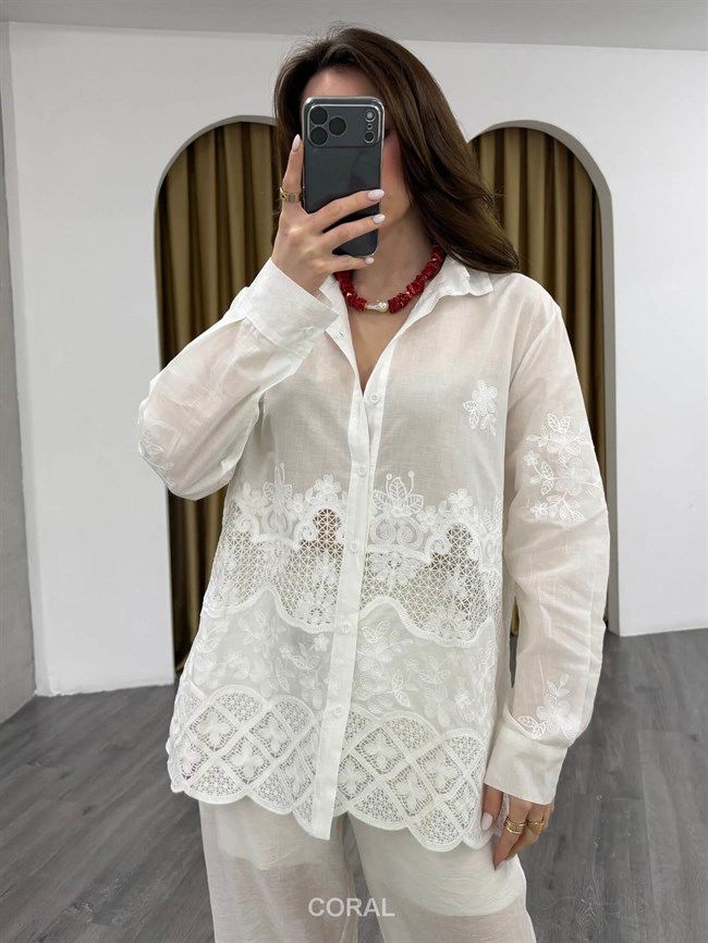 Eteği Dantelli Gömlek 39671 Ekru