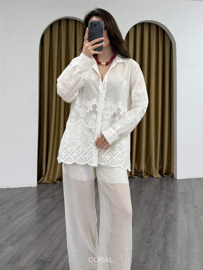 Eteği Dantelli Gömlek 39671 Ekru