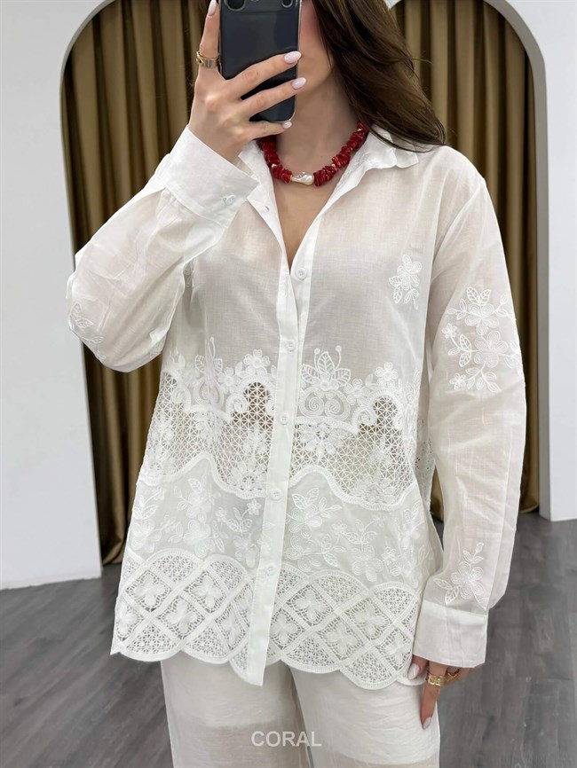 Eteği Dantelli Gömlek 39671 Ekru