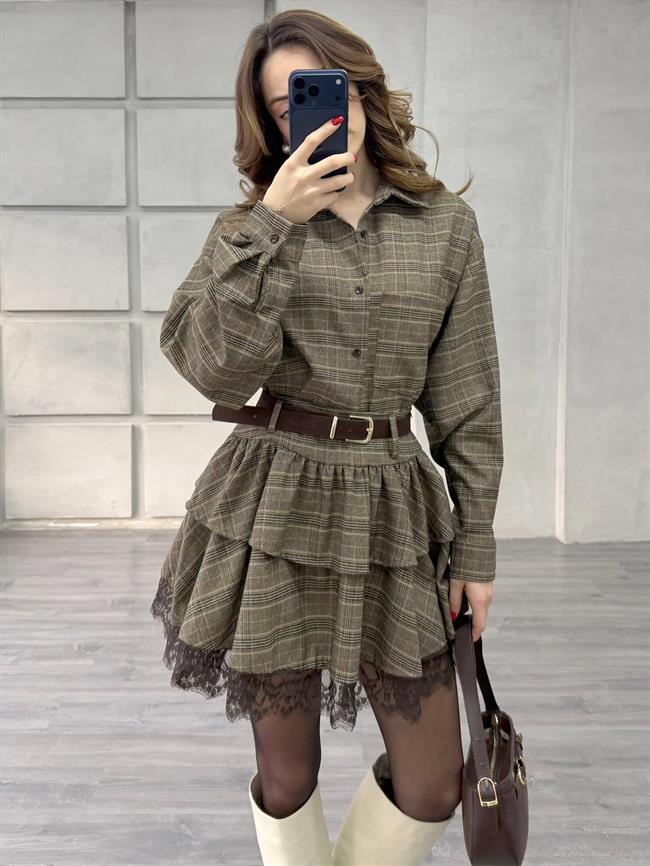 Eteği Dantelli Kemerli Ekoseli Takım 37204 Açık Kahve