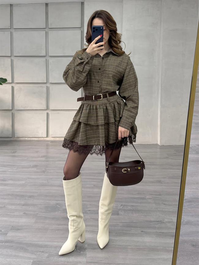 Eteği Dantelli Kemerli Ekoseli Takım 37204 Açık Kahve