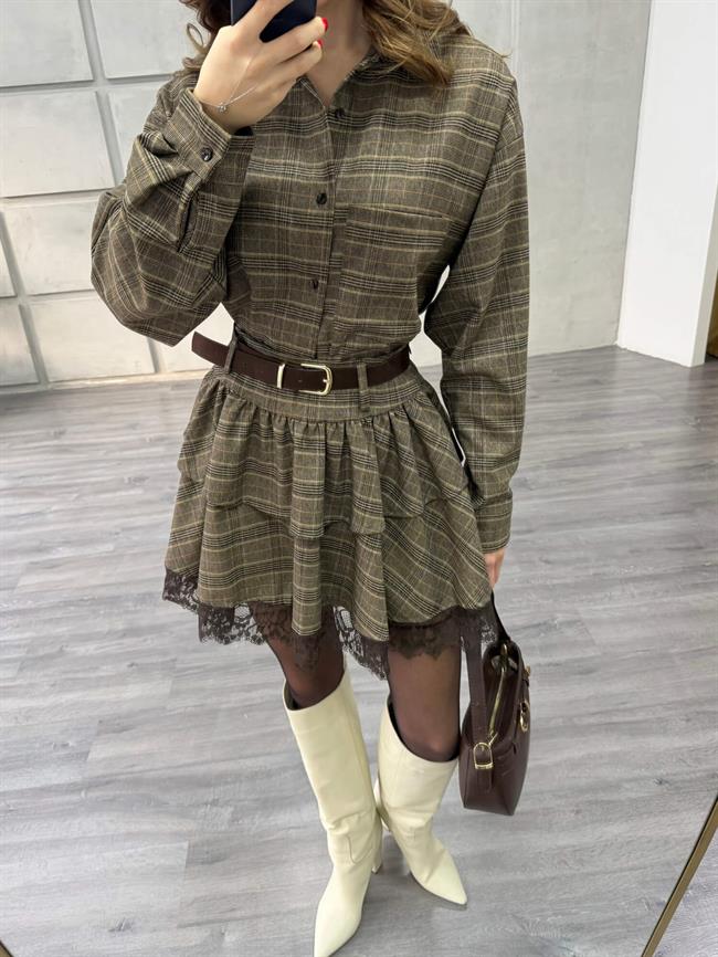 Eteği Dantelli Kemerli Ekoseli Takım 37204 Açık Kahve