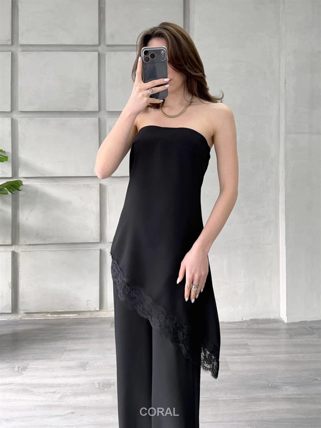 Eteği Dantelli Straplez Bluzlu Takım 7331 Siyah