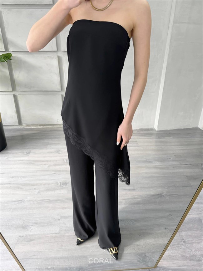 Eteği Dantelli Straplez Bluzlu Takım 7331 Siyah