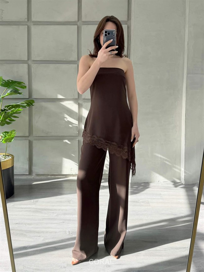 Eteği Dantelli Straplez Bluzlu Takım 7331 Kahve