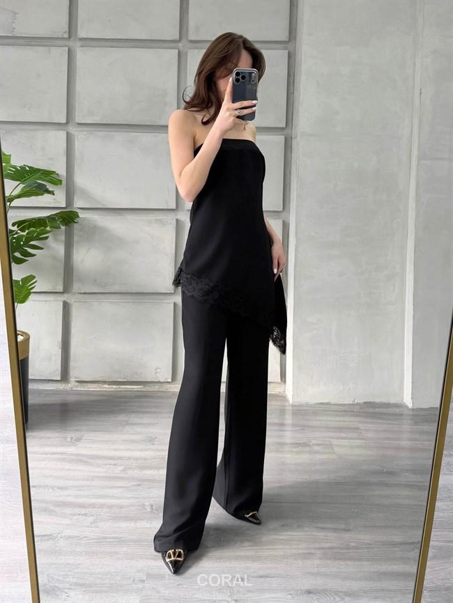 Eteği Dantelli Straplez Bluzlu Takım 7331 Siyah