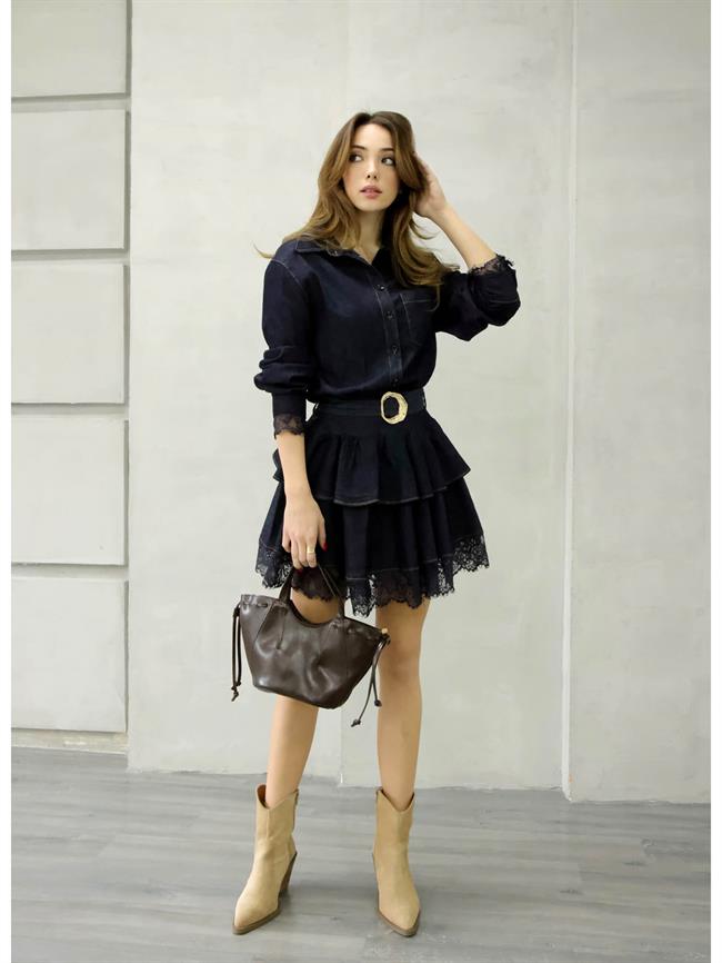 Eteği Tül Dentelli Kot Elbise 35524 Lacivert