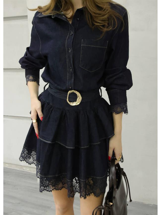 Eteği Tül Dentelli Kot Elbise 35524 Lacivert