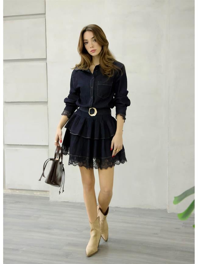 Eteği Tül Dentelli Kot Elbise 35524 Lacivert