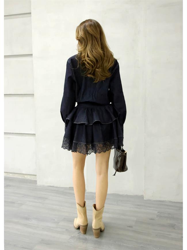 Eteği Tül Dentelli Kot Elbise 35524 Lacivert