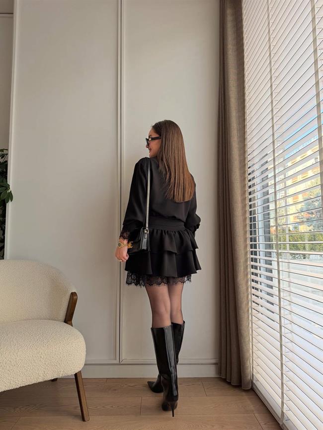 Eteği Tüllü Kemerli Gömlek Elbise 35518 Siyah