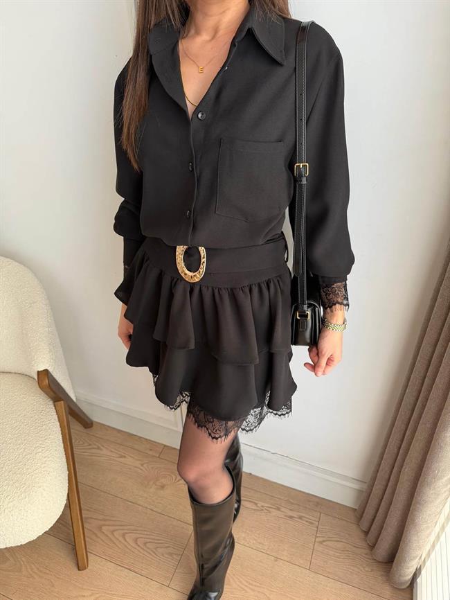 Eteği Tüllü Kemerli Gömlek Elbise 35518 Siyah