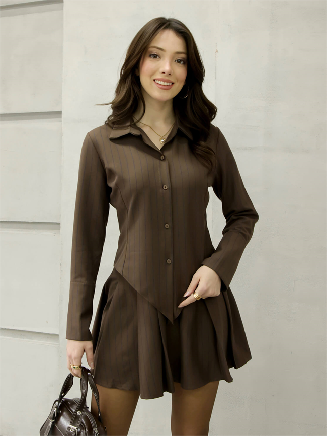 Etekli Gömlekli Çizgili Takım 0844 Kahve - Lacivert