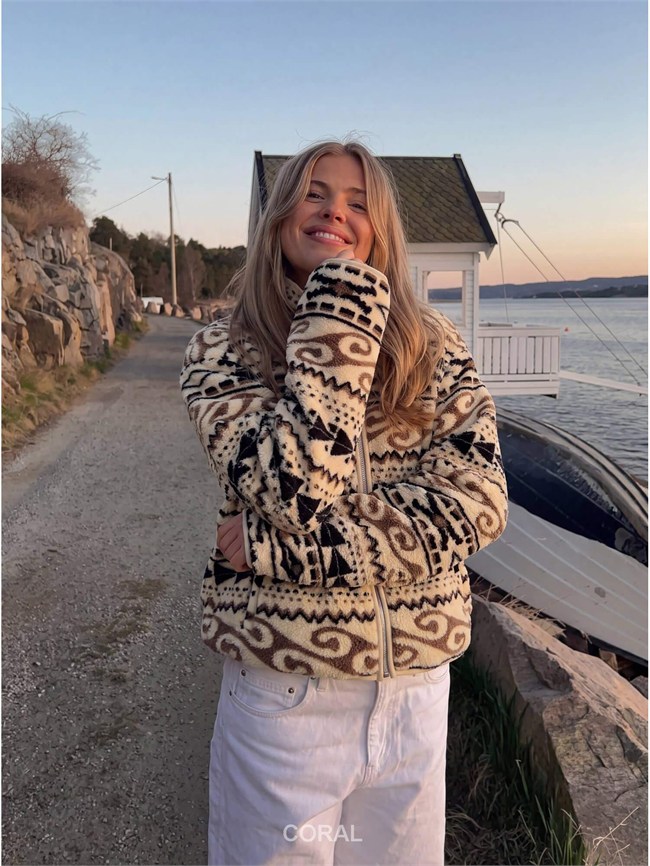 Etnik Desenli Fermuarlı Peluş Sweatshirt 6041 Bej