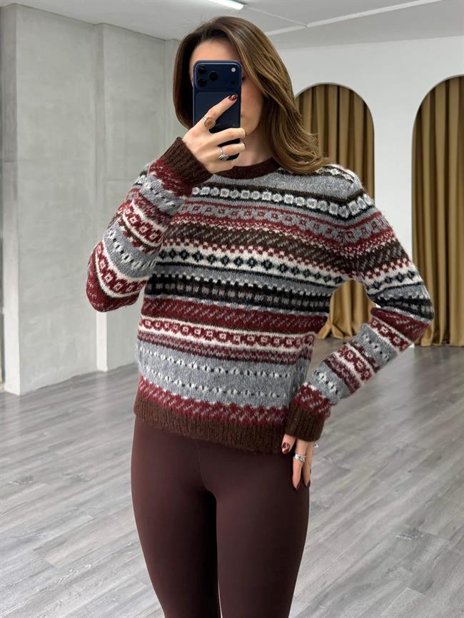 Etnik Desenli Kazak 3197 Kahve