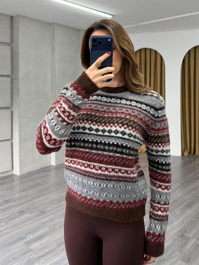 Etnik Desenli Kazak 3197 Kahve