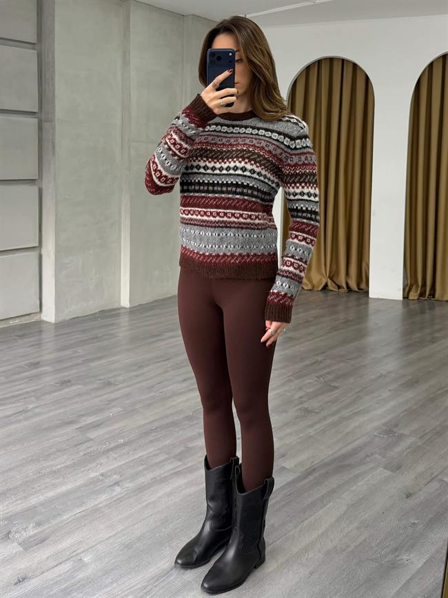 Etnik Desenli Kazak 3197 Kahve