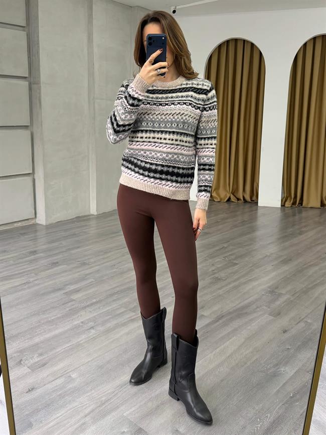 Etnik Desenli Kazak 3197 Vizon