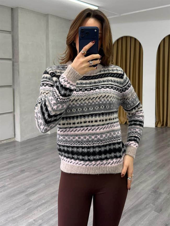 Etnik Desenli Kazak 3197 Vizon