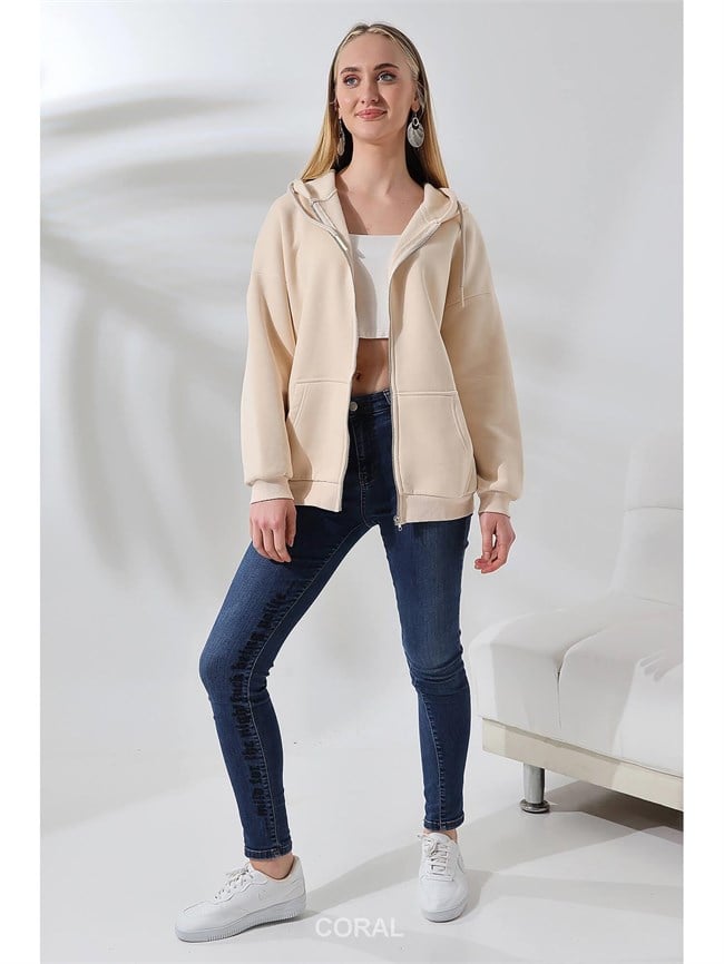 Fermuarlı Kapüşonlu Kanguru Cep Sweatshirt 21618 Taş