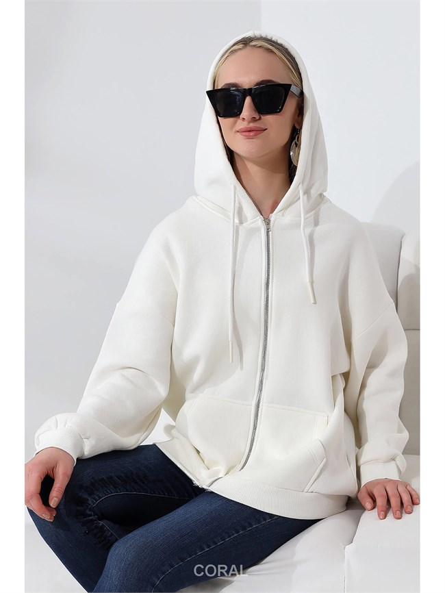 Fermuarlı Kapüşonlu Kanguru Cep Sweatshirt 21618 Ekru