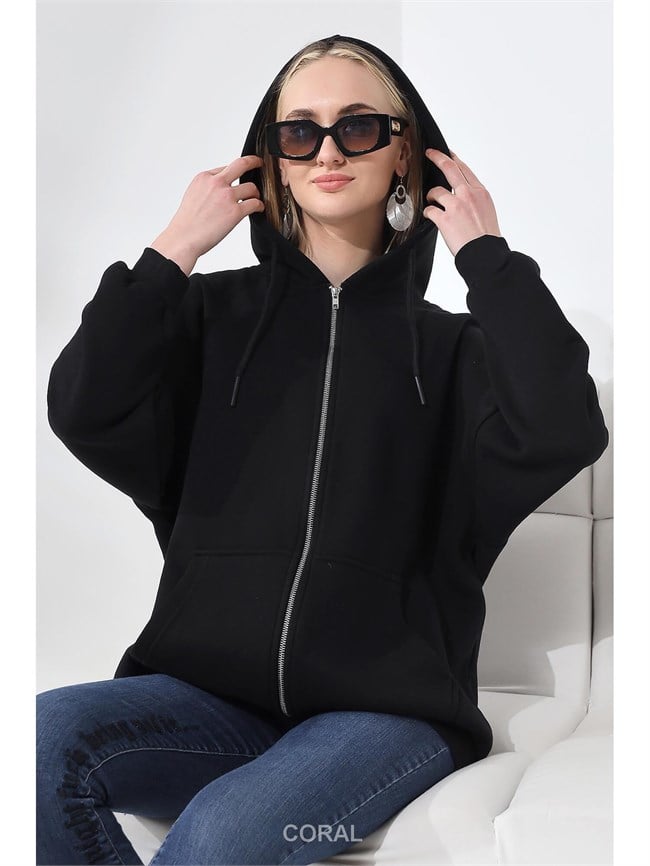 Fermuarlı Kapüşonlu Kanguru Cep Sweatshirt 21618 Siyah
