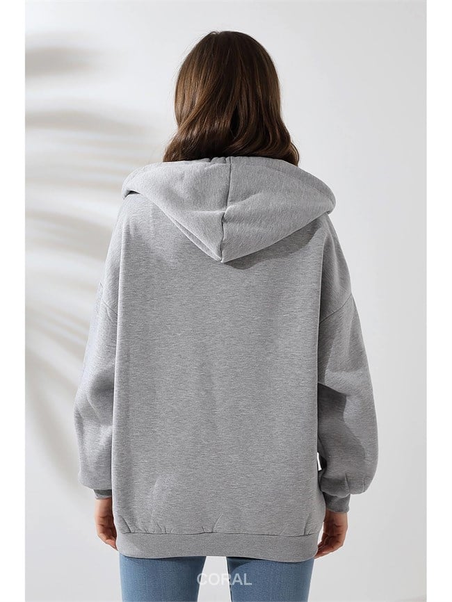 Fermuarlı Kapüşonlu Kanguru Cep Sweatshirt 21618 Gri